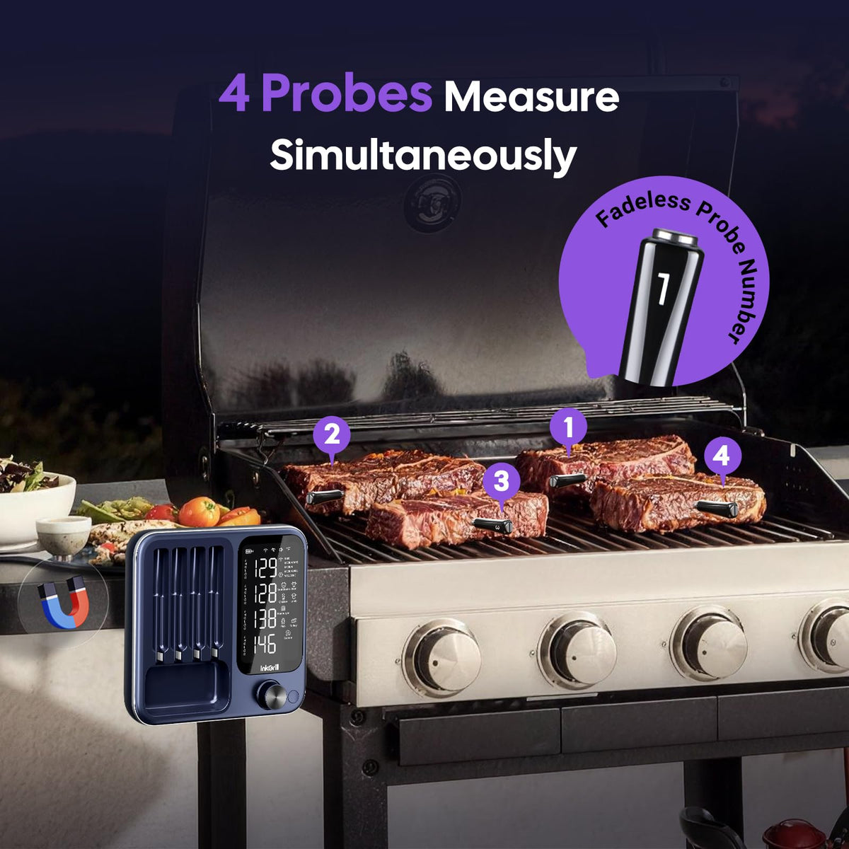 InkGrill four probes array ready for multitasking cooking