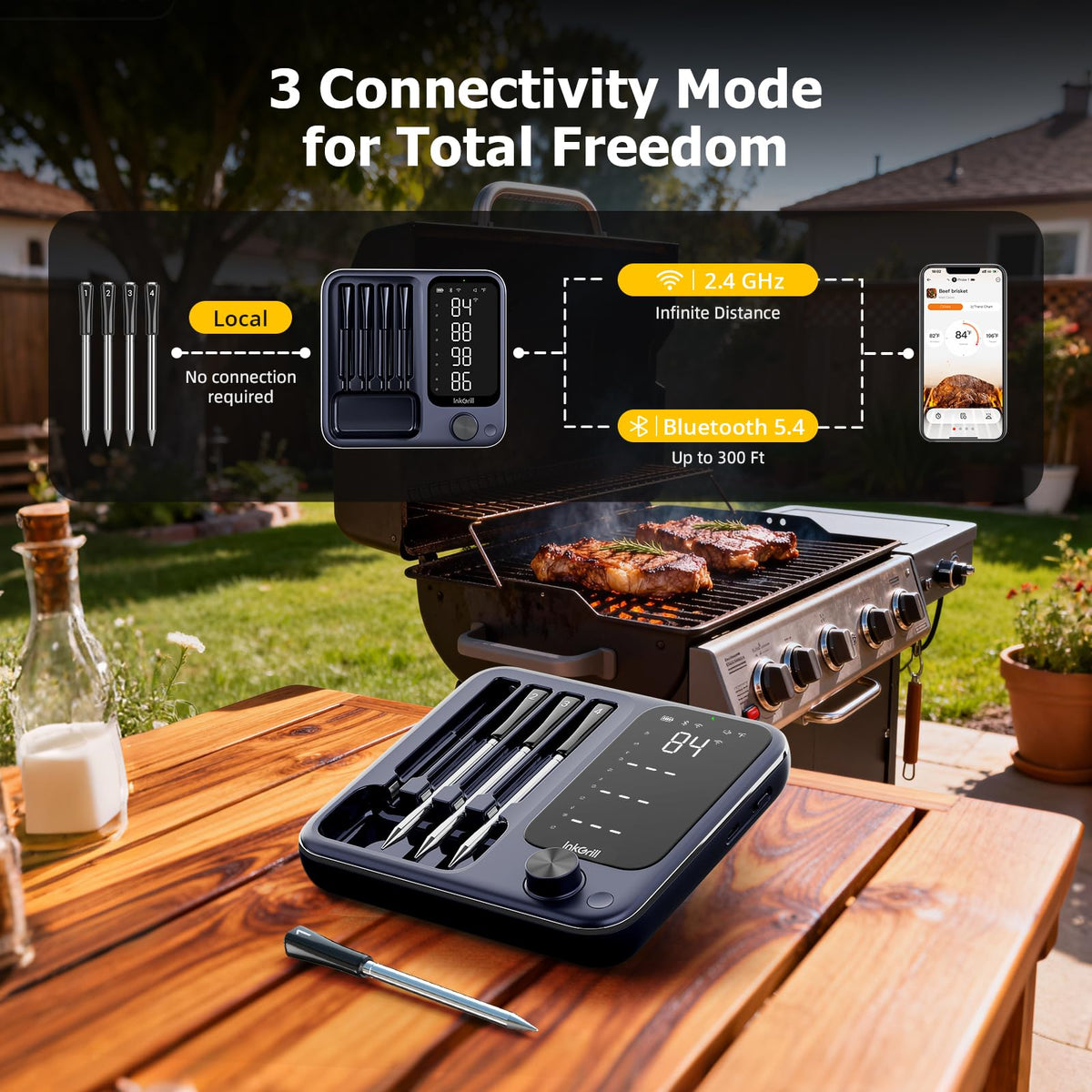 InkGrill with four probes in use enabling simultaneous multi-meat monitoring.
