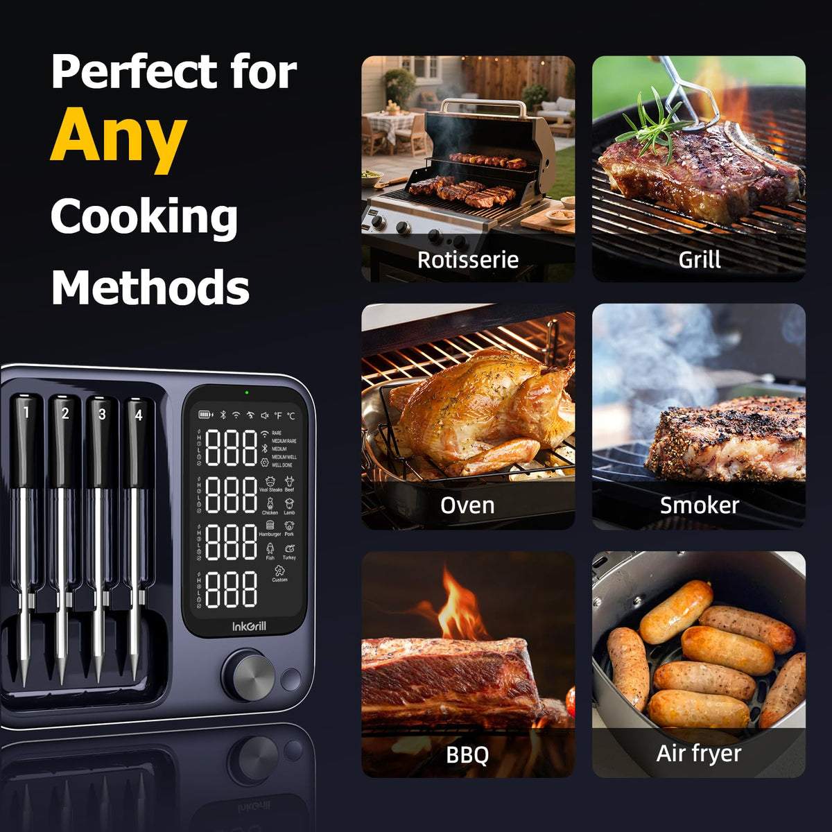 InkGrill internal and ambient temperature monitoring for accurate cooking.