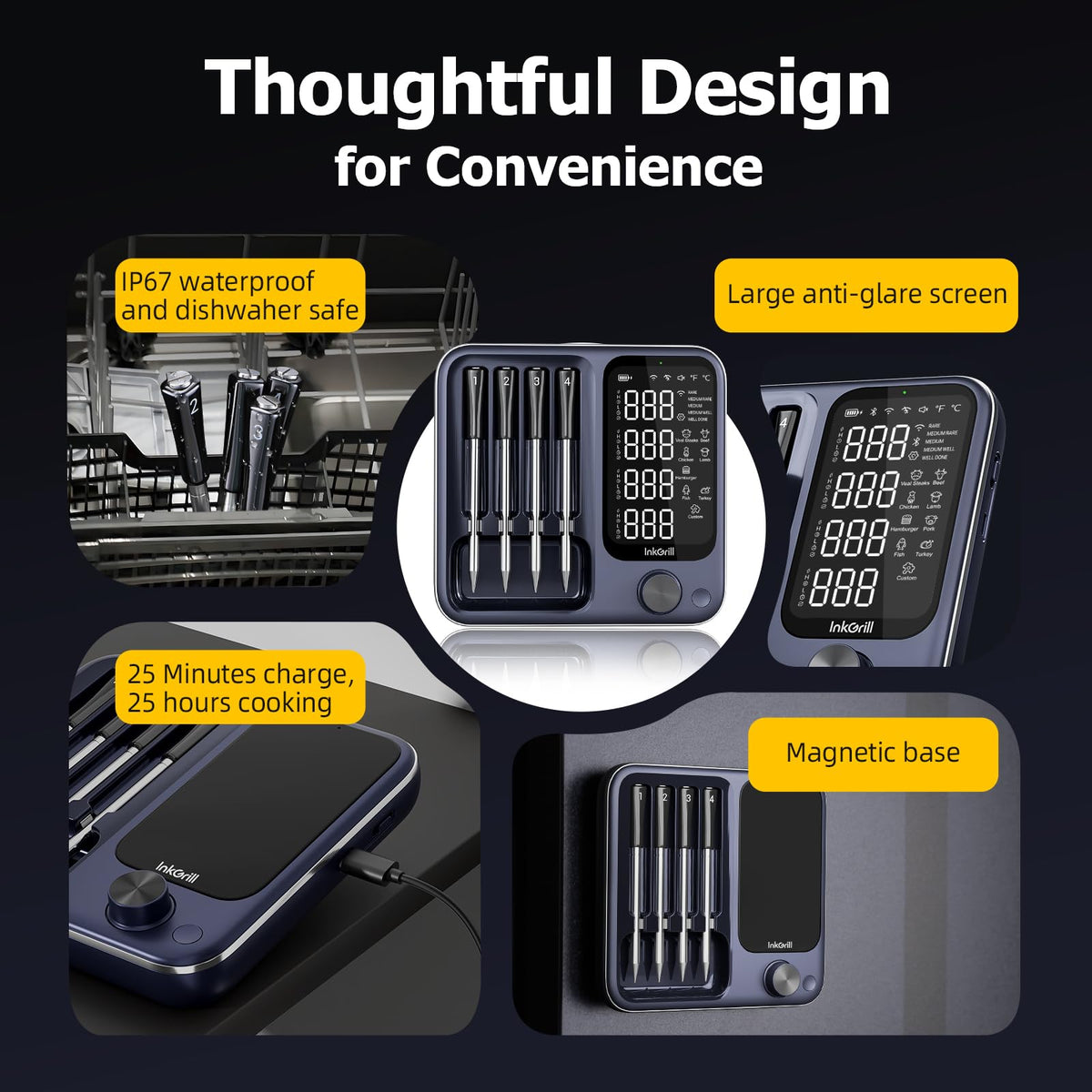 InkGrill magnetic base with an anti-glare display for hands-free use.