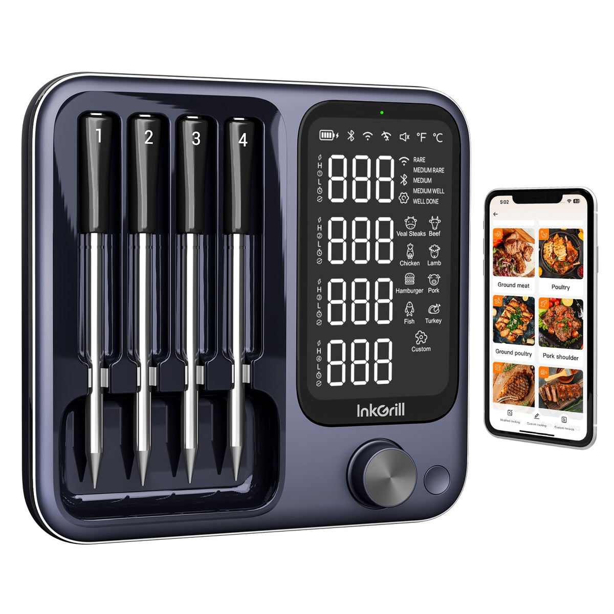 InkGrill wireless thermometer front view with app-ready control for precise outdoor cooking.