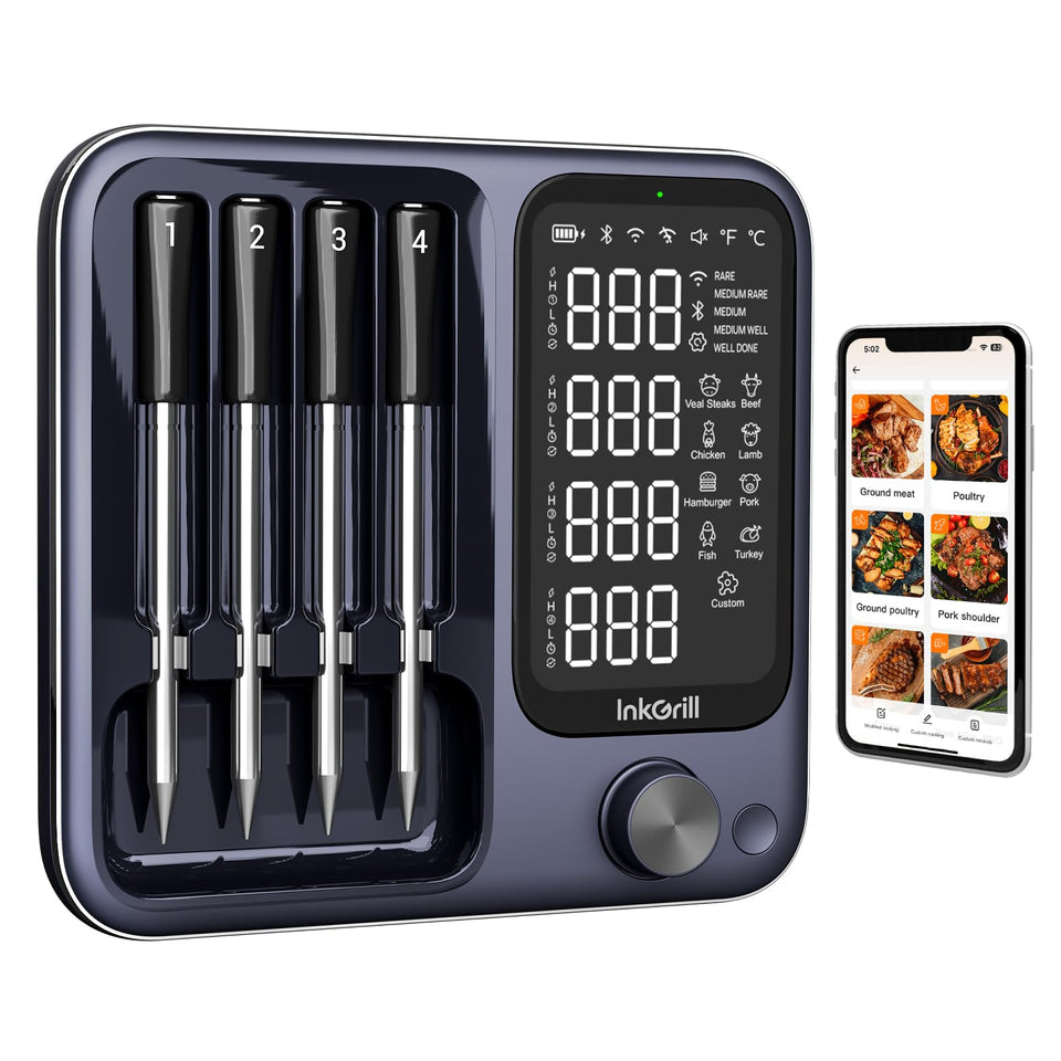InkGrill wireless thermometer front view with app-ready control for precise outdoor cooking.