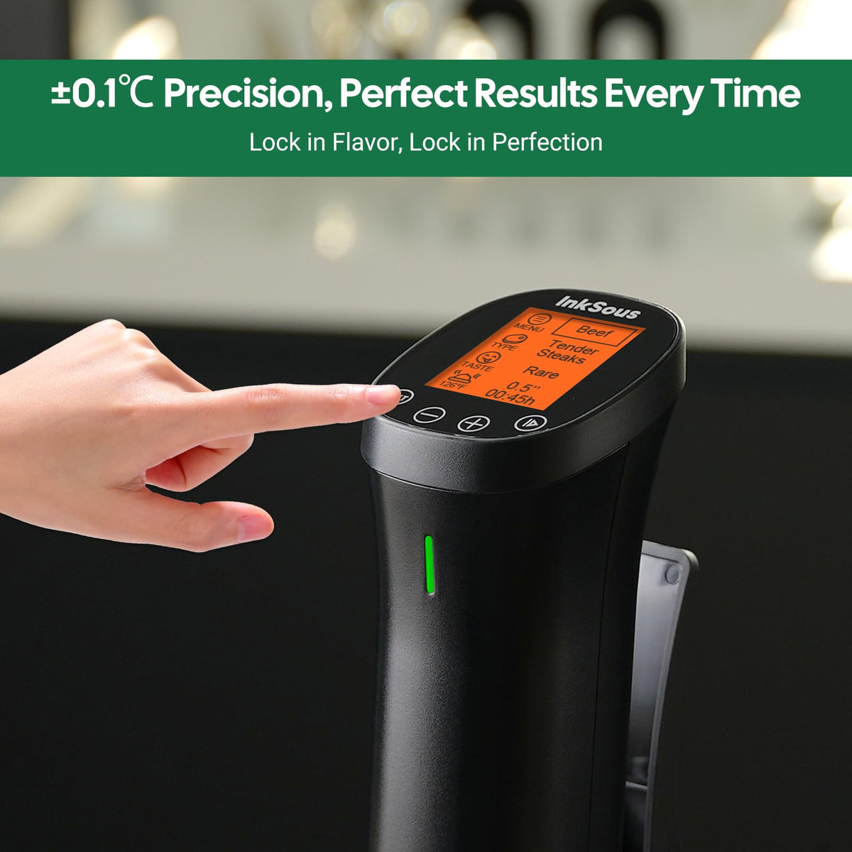 InkSous precision temperature control display with real-time settings.