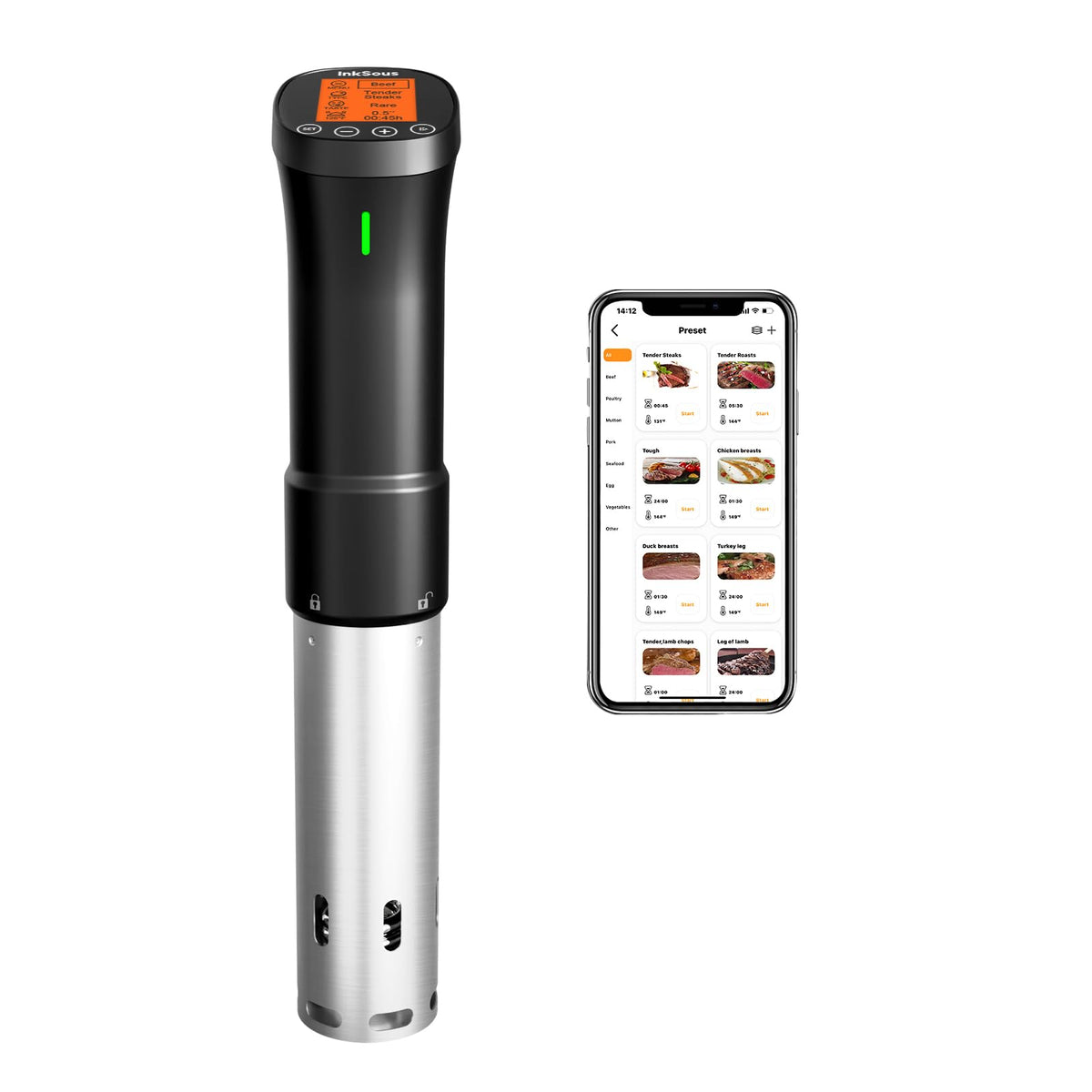 InkSous sous vide cooker setup with clamp and ready water bath for precise cooking.