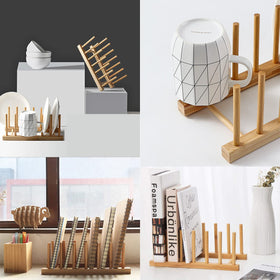 INNERNEED bamboo dish rack in cabinet saves counter space and keeps lids organized