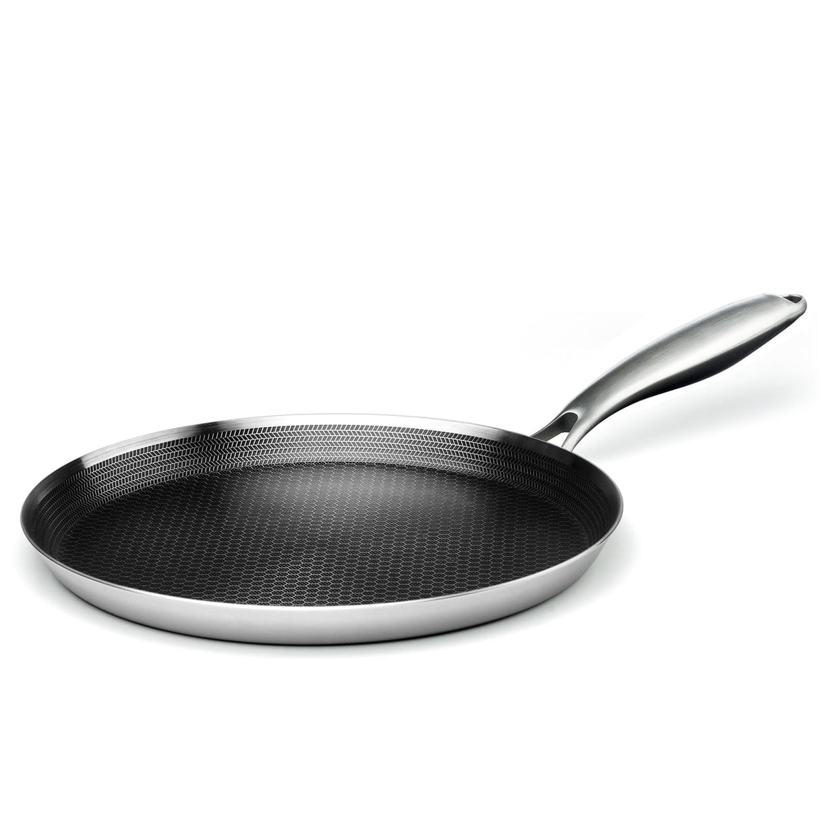 Innerwell 11-inch crepe pan with honeycomb bottom improving release and browning.