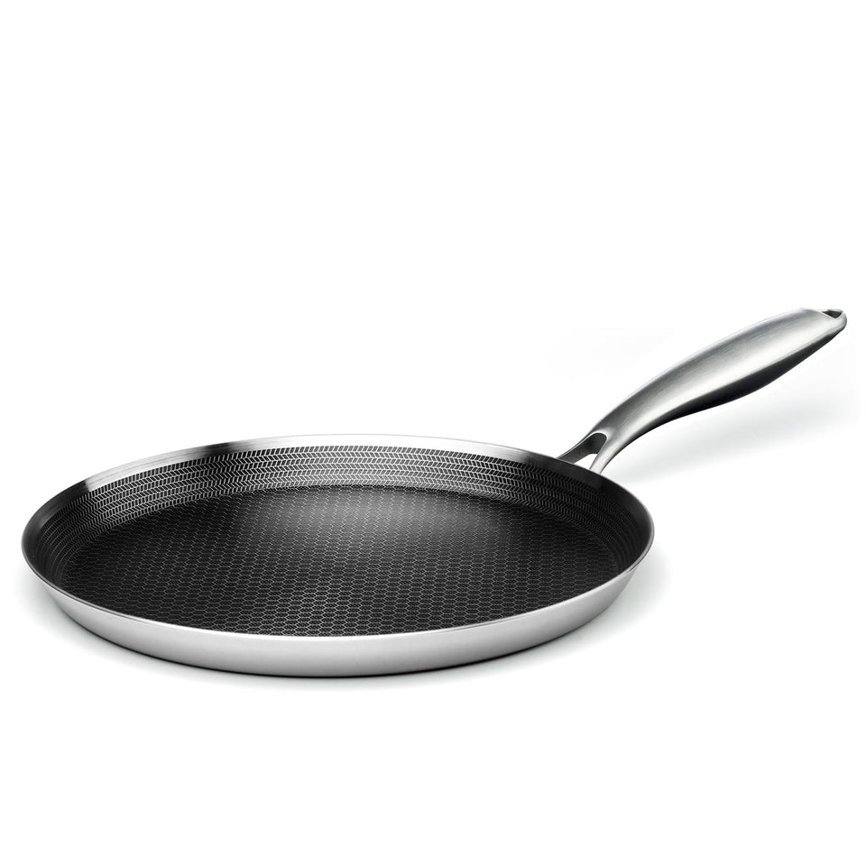 Innerwell 11-inch crepe pan with honeycomb bottom improving release and browning.