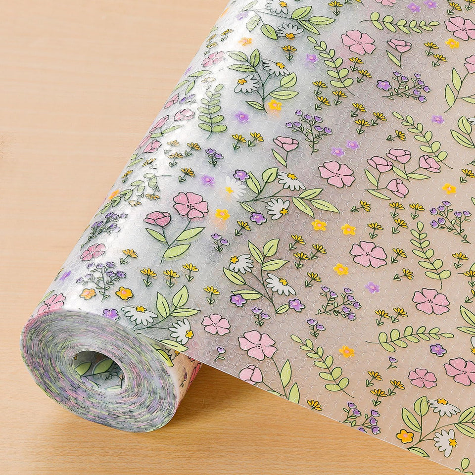 INNOLITES floral shelf liner with pink-purple rose pattern protects cabinet shelves.