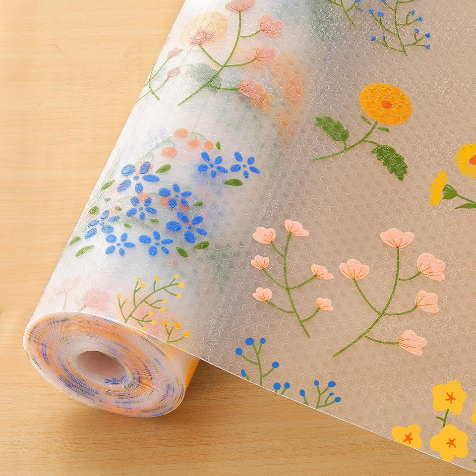 INNOLITES floral-pattern shelf liner protects shelves and reduces mess.