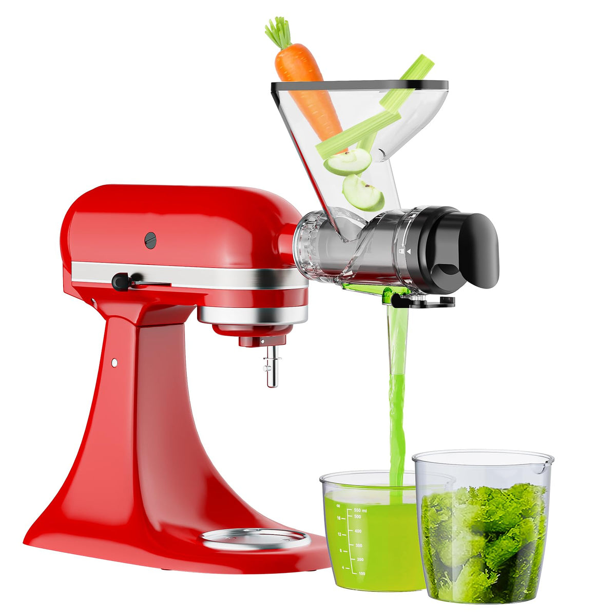 InnoMoon masticating juicer attachment with dual feed chutes speeds up prep and preserves nutrients.