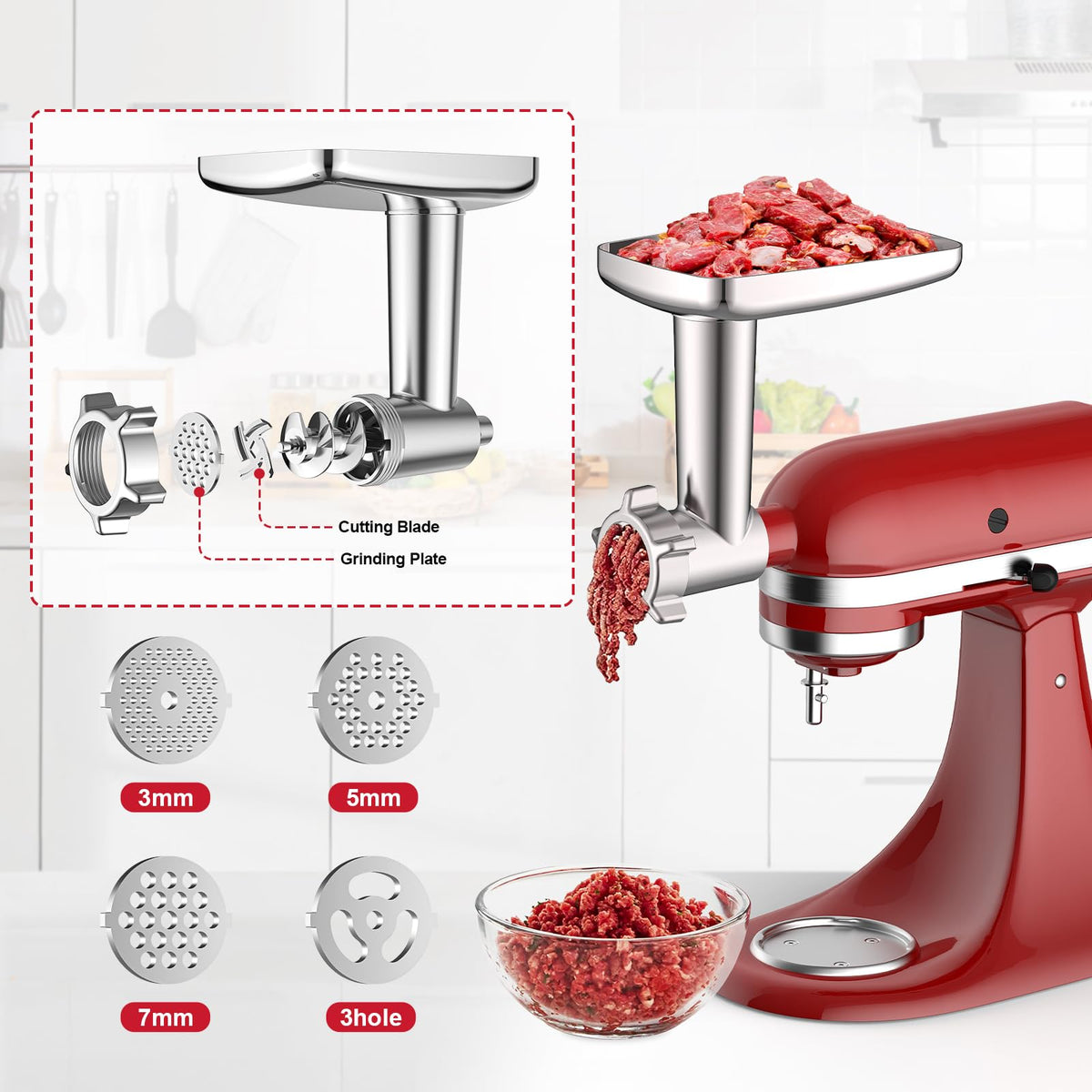 InnoMoon meat grinder attachment, side view, stable build for KitchenAid