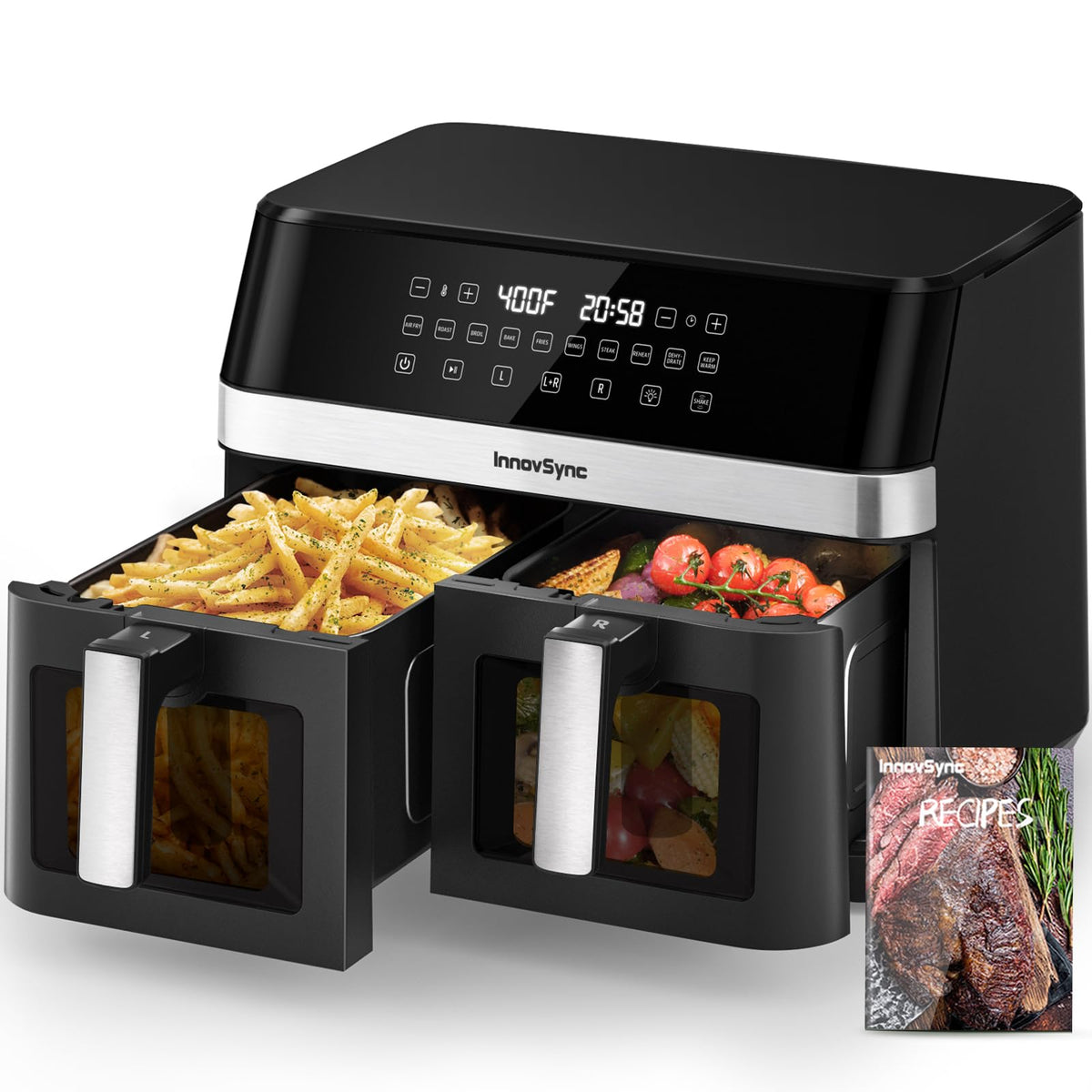 InnovSync 12QT Dual Air Fryer front view showing dual baskets for multitasking