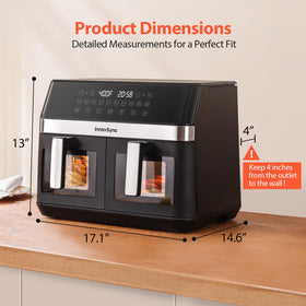 InnovSync 12QT air fryer with two baskets cooking simultaneously for family meals