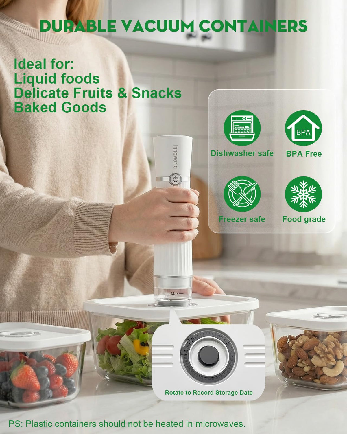Innoworld vacuum sealer kit spread highlights included bags and containers for complete meal prep.