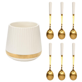 INPROPEXT 6-piece coffee spoons with ceramic jar holder for elegant tea-time stirring.