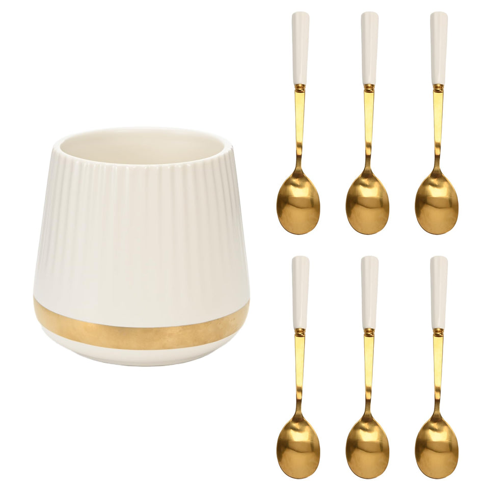 INPROPEXT 6-piece coffee spoons with ceramic jar holder for elegant tea-time stirring.