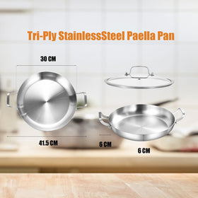 Inqibee paella pan double riveted handles provide secure grip when full.