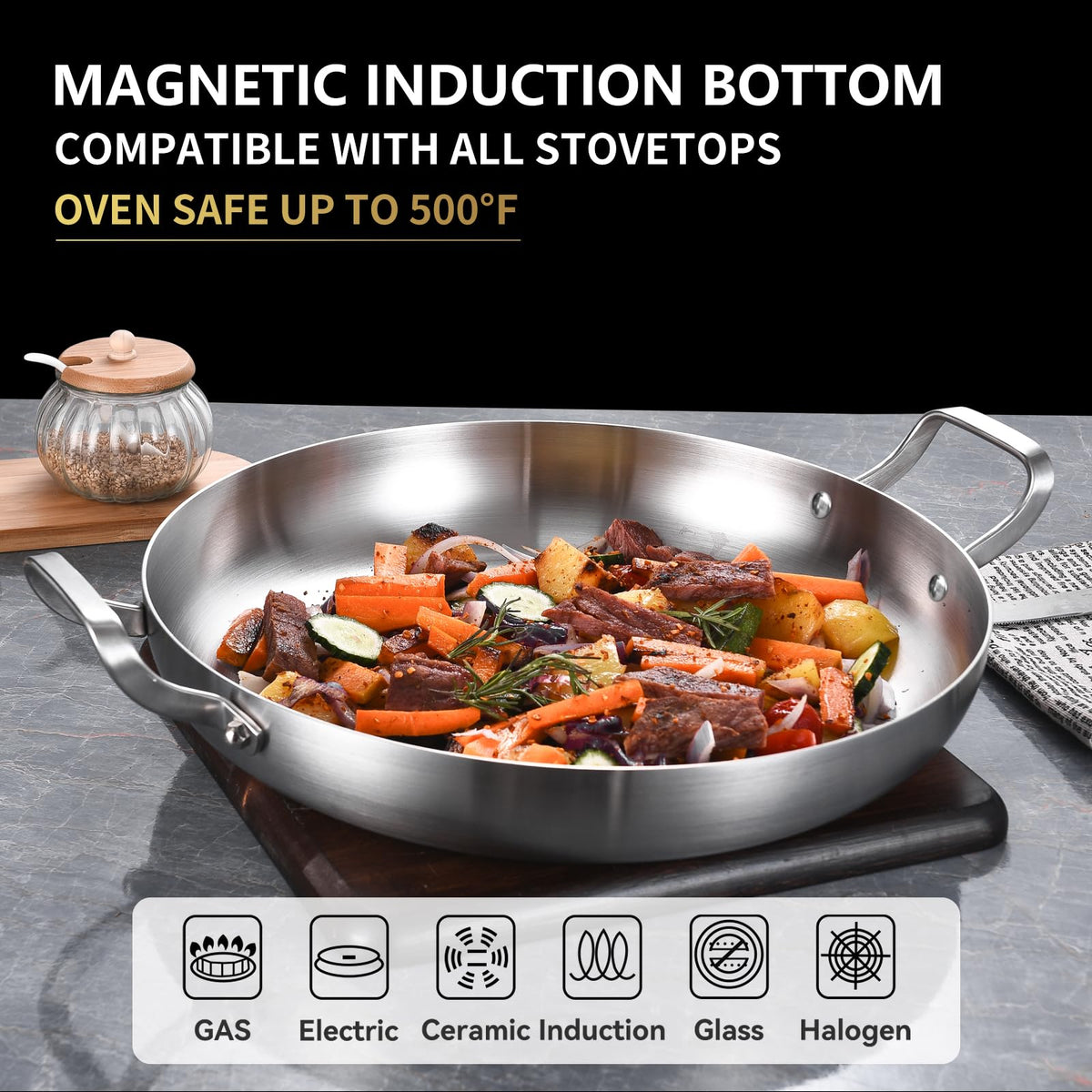 Inqibee paella pan induction-compatible design ensures fast, even heating.