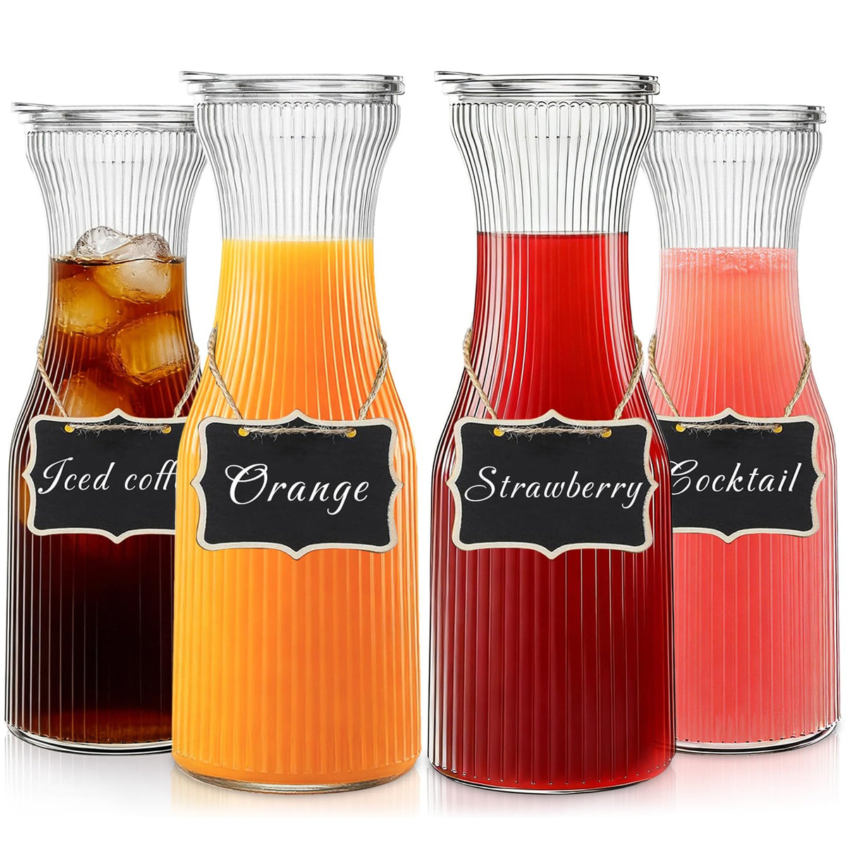 INSETLAN 1L ribbed glass carafes with lids for easy pouring