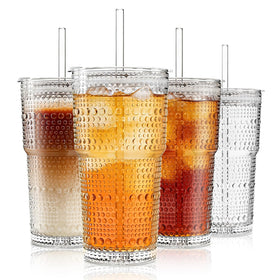 INSETLAN 20oz hobnail glass cup with lid shows textured grip and vintage flair.