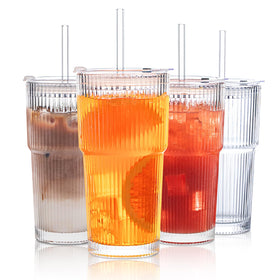 INSETLAN 20 oz ribbed glass tumbler with lid ready for on the go beverages
