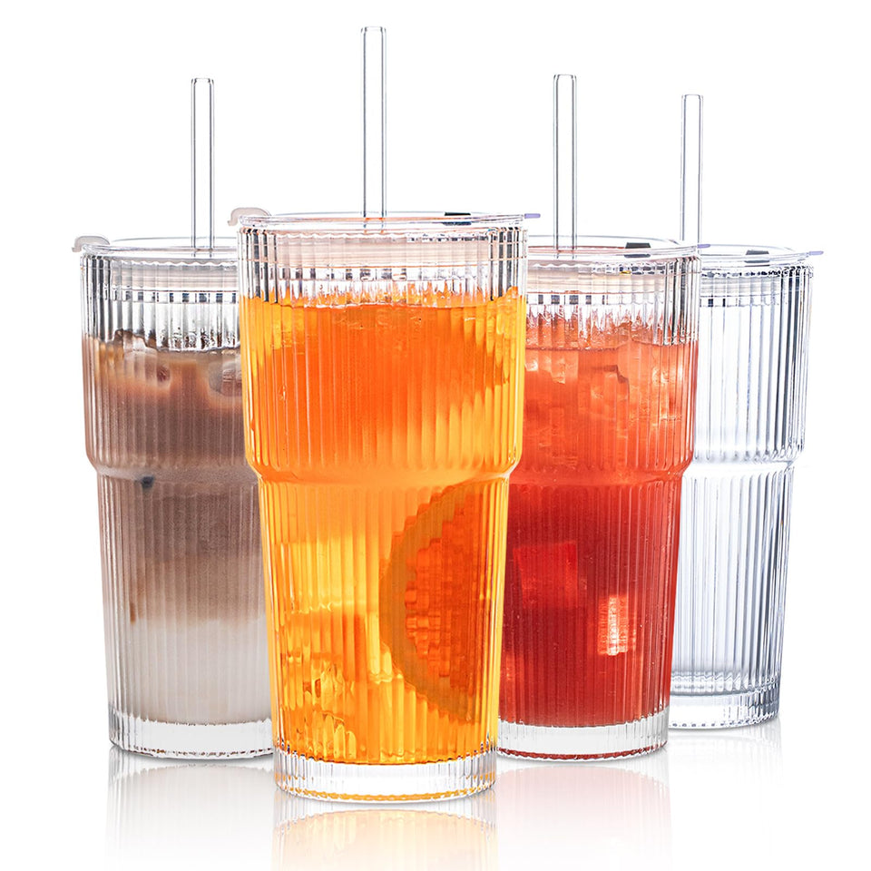 INSETLAN 20 oz ribbed glass tumbler with lid ready for on the go beverages