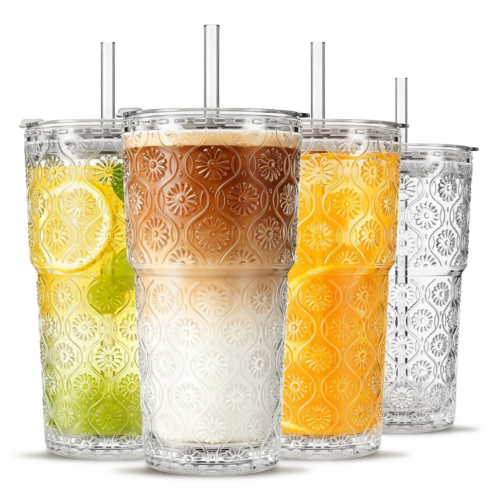 INSETLAN Begonia Flower Glass Tumbler front view with elegant pattern for iced beverages.