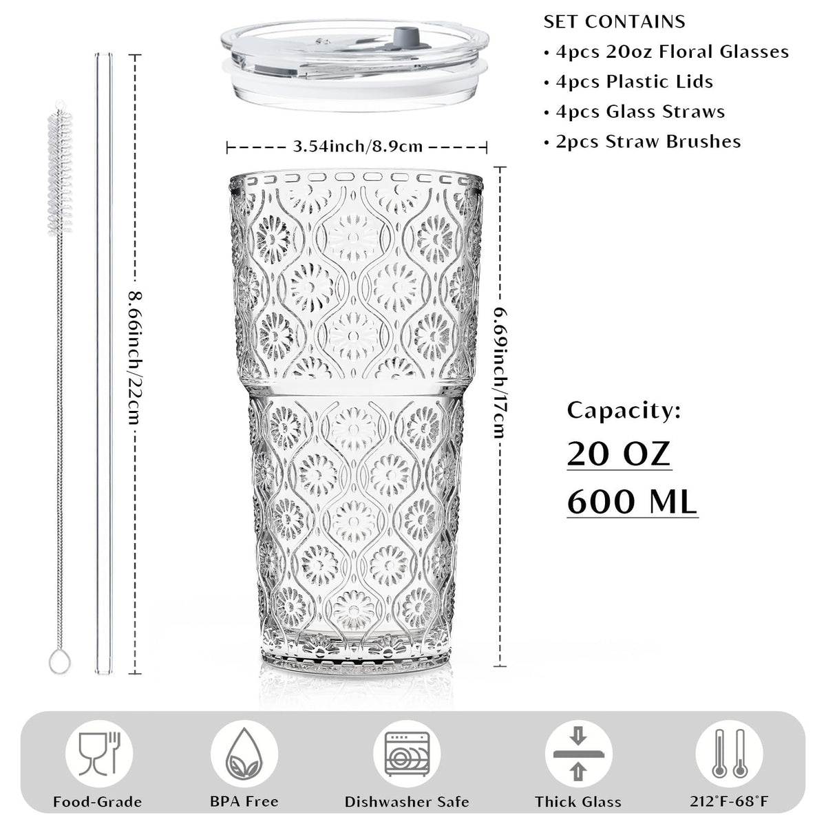 INSETLAN Begonia Flower Glass Tumbler with glass straws for sustainable reuse.