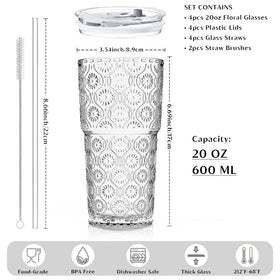 INSETLAN Begonia Flower Glass Tumbler with glass straws for sustainable reuse.
