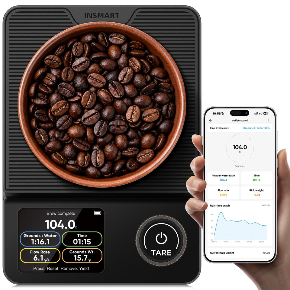 INSMART coffee scale in Pour-Over Mode with real-time metrics for precise brewing
