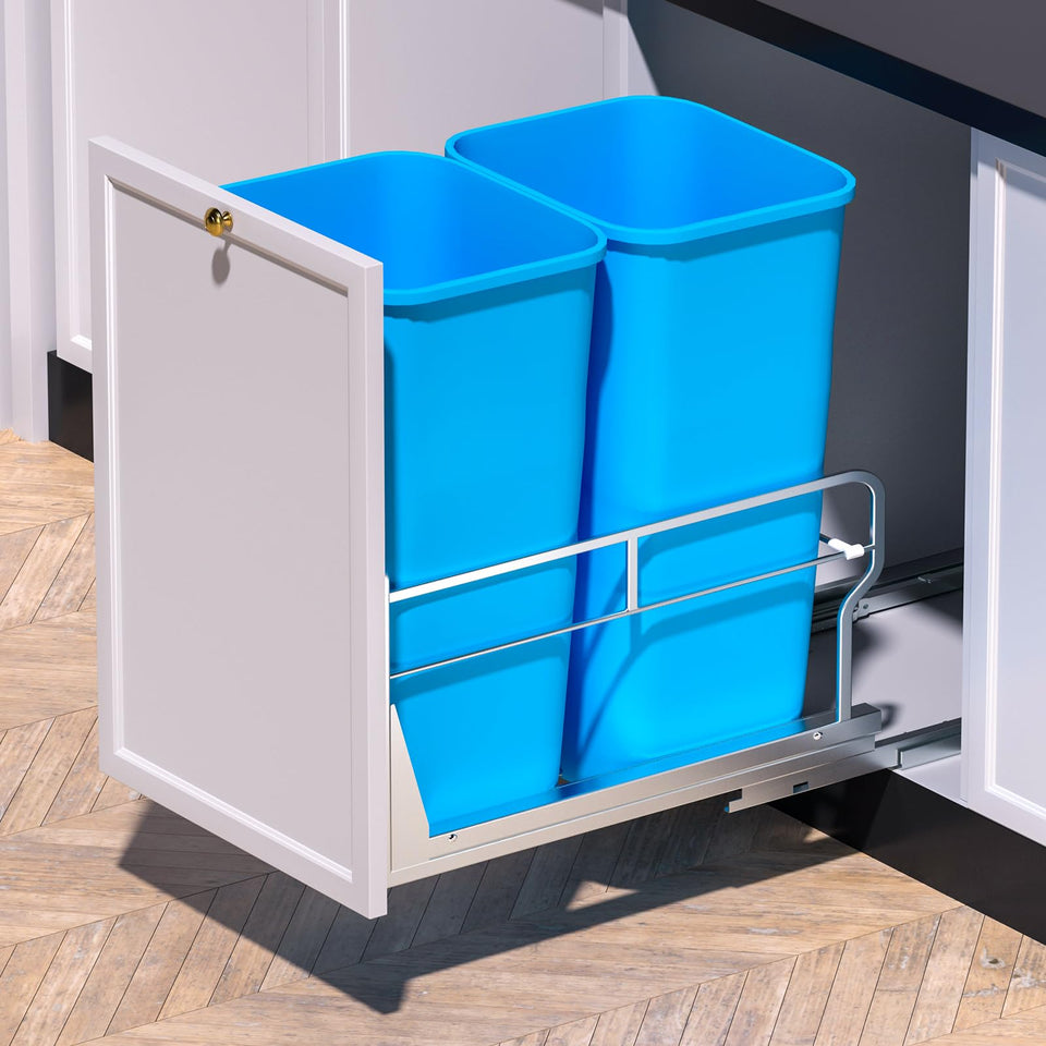 Insputer dual pull-out under-cabinet trash can system with heavy-duty steel frame for durability.