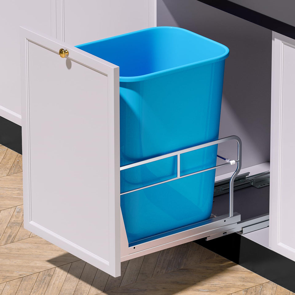 Insputer pull-out under-cabinet trash can with soft-close slides