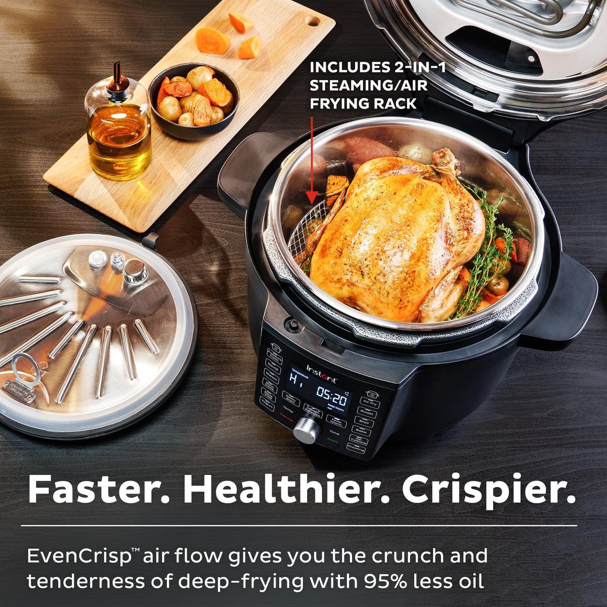 Instant Pot Duo Crisp 6.5-quart pot with air fry rack demonstrates family-sized versatility.