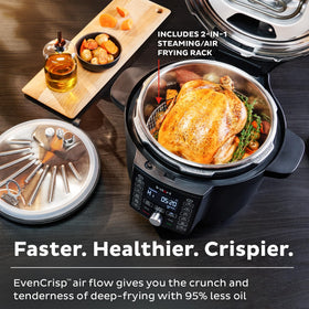 Instant Pot Duo Crisp 6.5-quart pot with air fry rack demonstrates family-sized versatility.