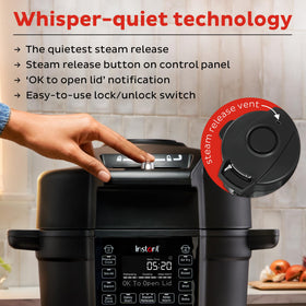 Instant Pot Duo Crisp safety features illustrate lid lock and overheating protection.