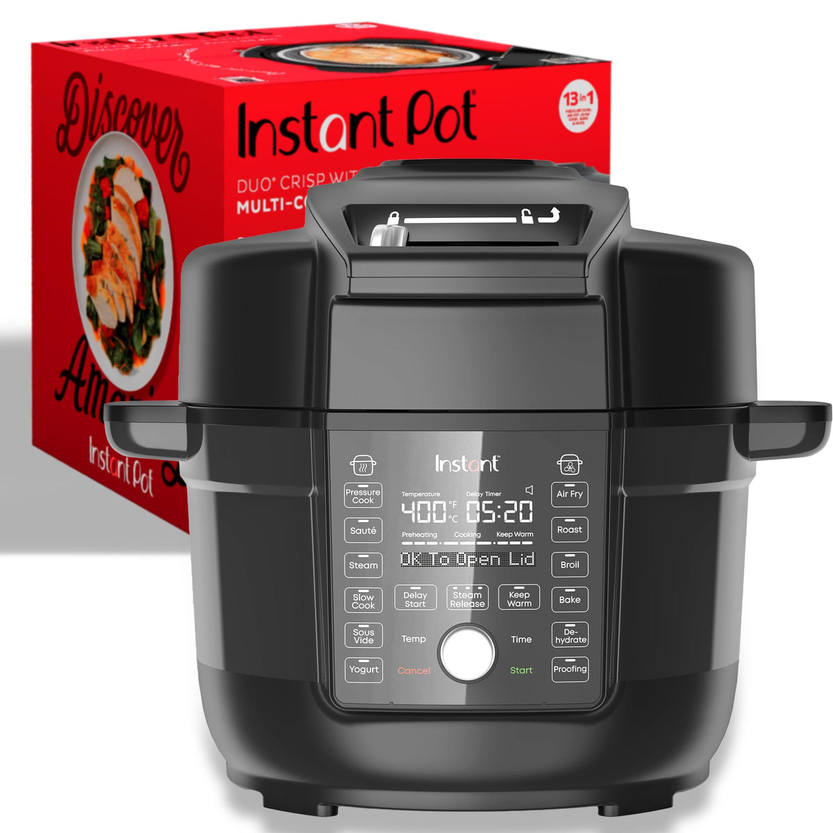 Instant Pot Duo Crisp Ultimate Lid front view highlights compact all-in-one cooker.
