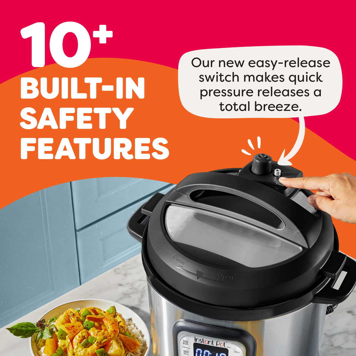 Instant Pot Duo easy-release steam switch enables safe, controlled pressure release.