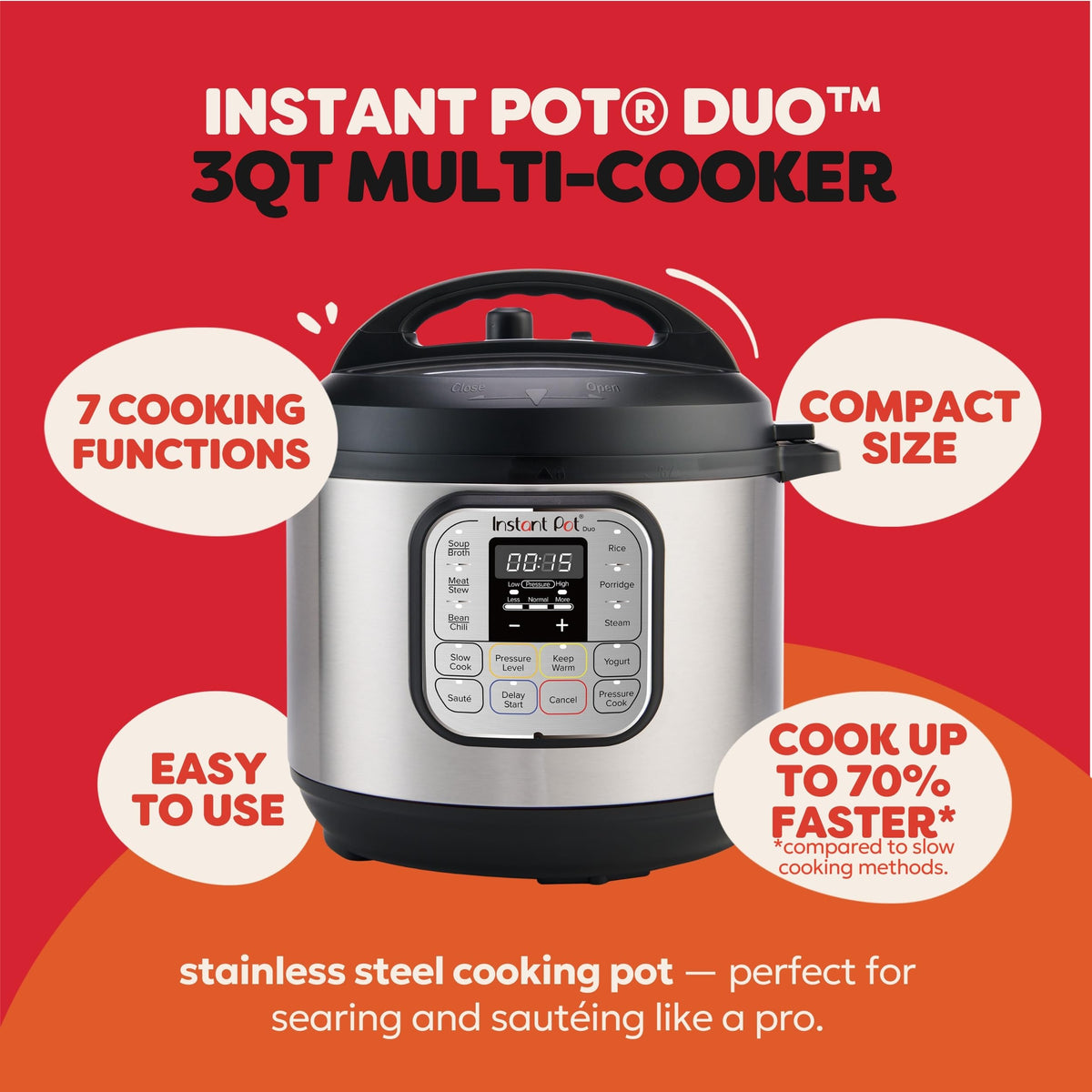 Instant Pot Duo Mini control panel with 7 programs for flexible cooking.
