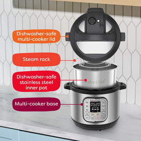 Instant Pot Duo Mini dishwasher-safe lid and inner pot for easy cleanup.