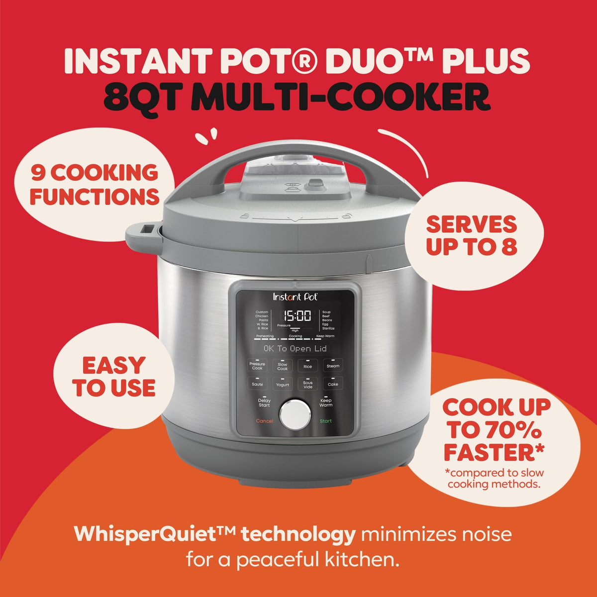 Instant Pot Duo Plus steam release button highlights quiet operation.