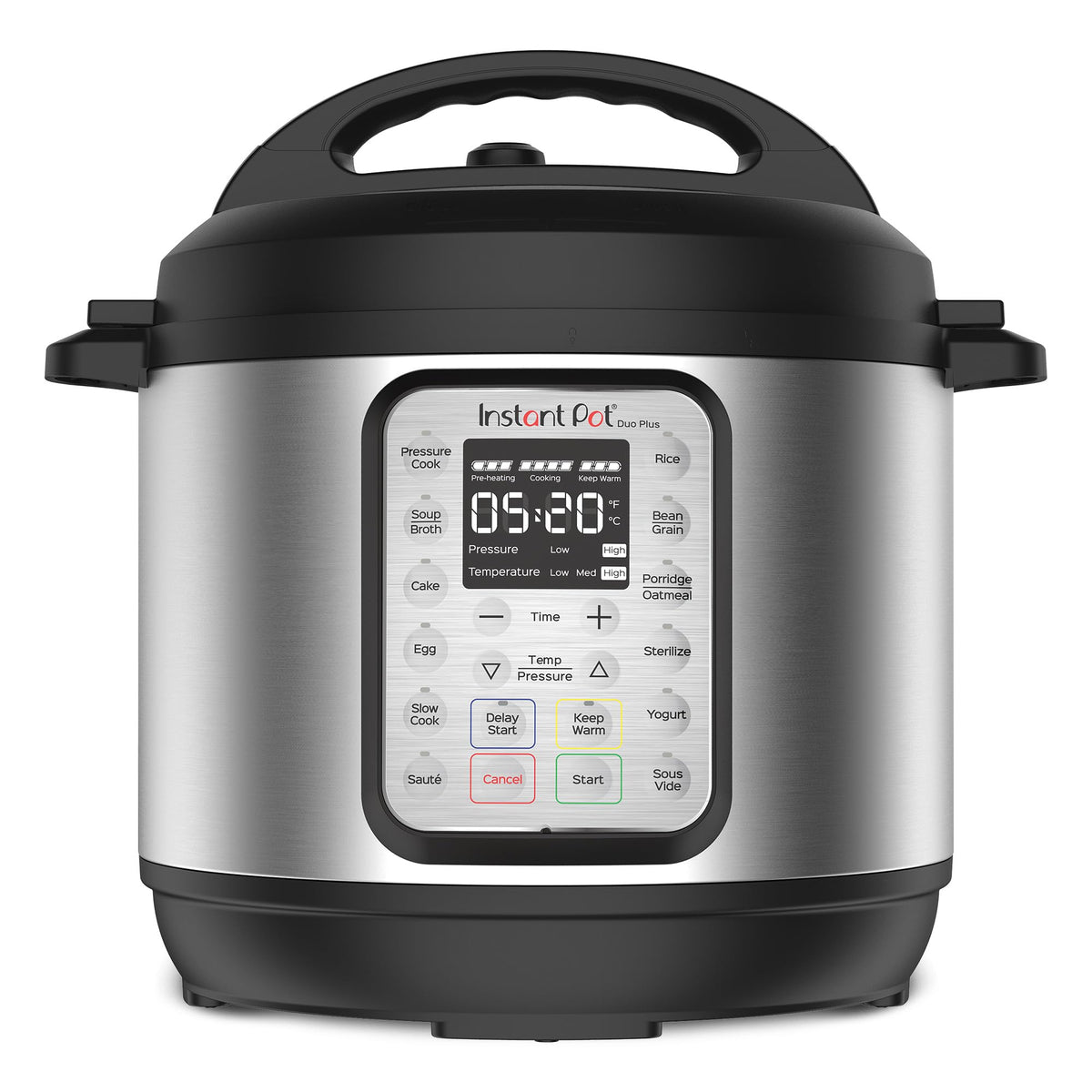 Instant Pot Duo Plus 9-in-1 multicooker front view with a clear display for quick meals.
