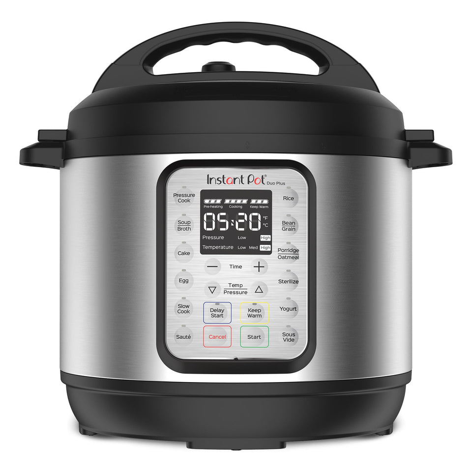 Instant Pot Duo Plus 9-in-1 multicooker front view with a clear display for quick meals.