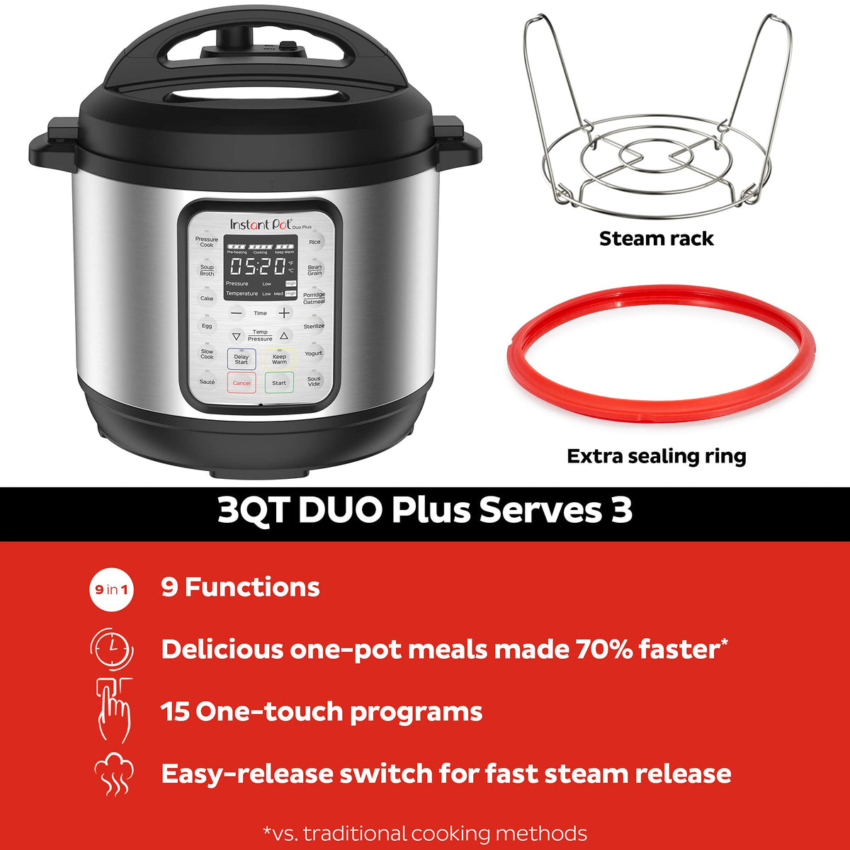 Instant Pot Duo Plus control panel lights up for clear status during cooking.