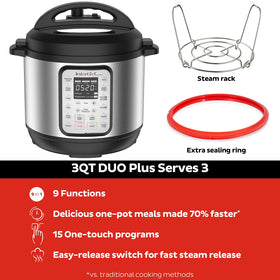 Instant Pot Duo Plus control panel lights up for clear status during cooking.
