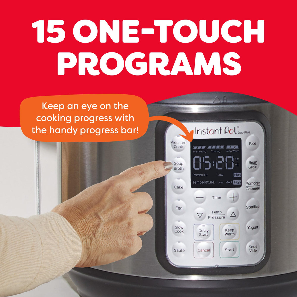 Instant Pot Duo Plus detachable lid supports easy storage after cooking.