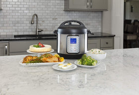 Instant Pot Duo Plus front display shows program options for efficient cooking.