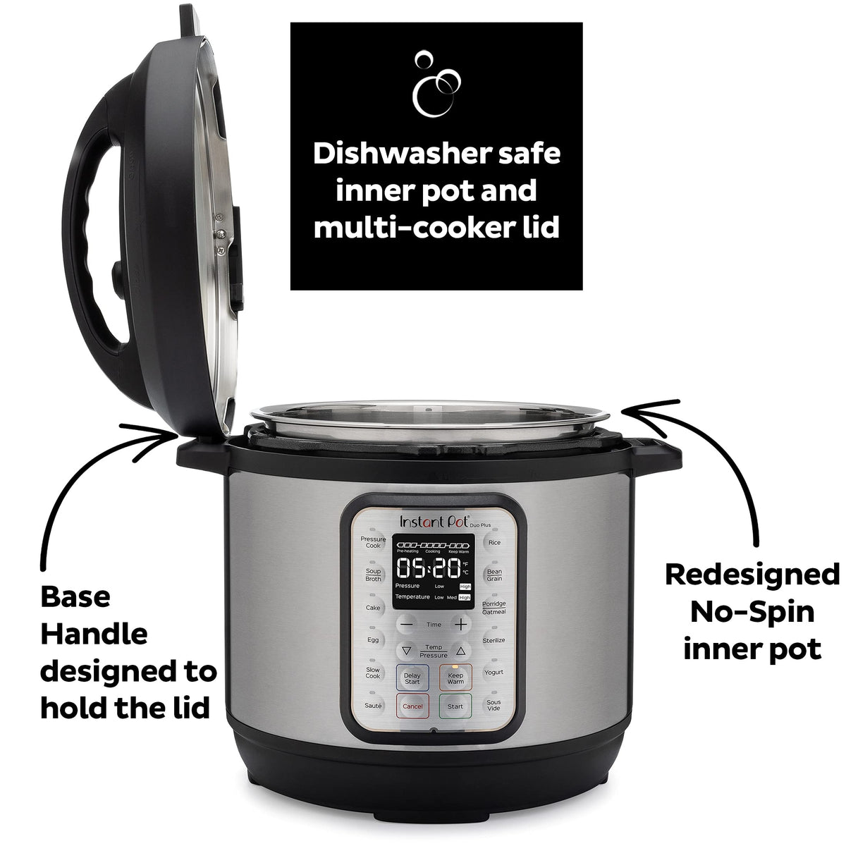 Instant Pot Duo Plus lid seal and lock ensure safe sealing during cooking.