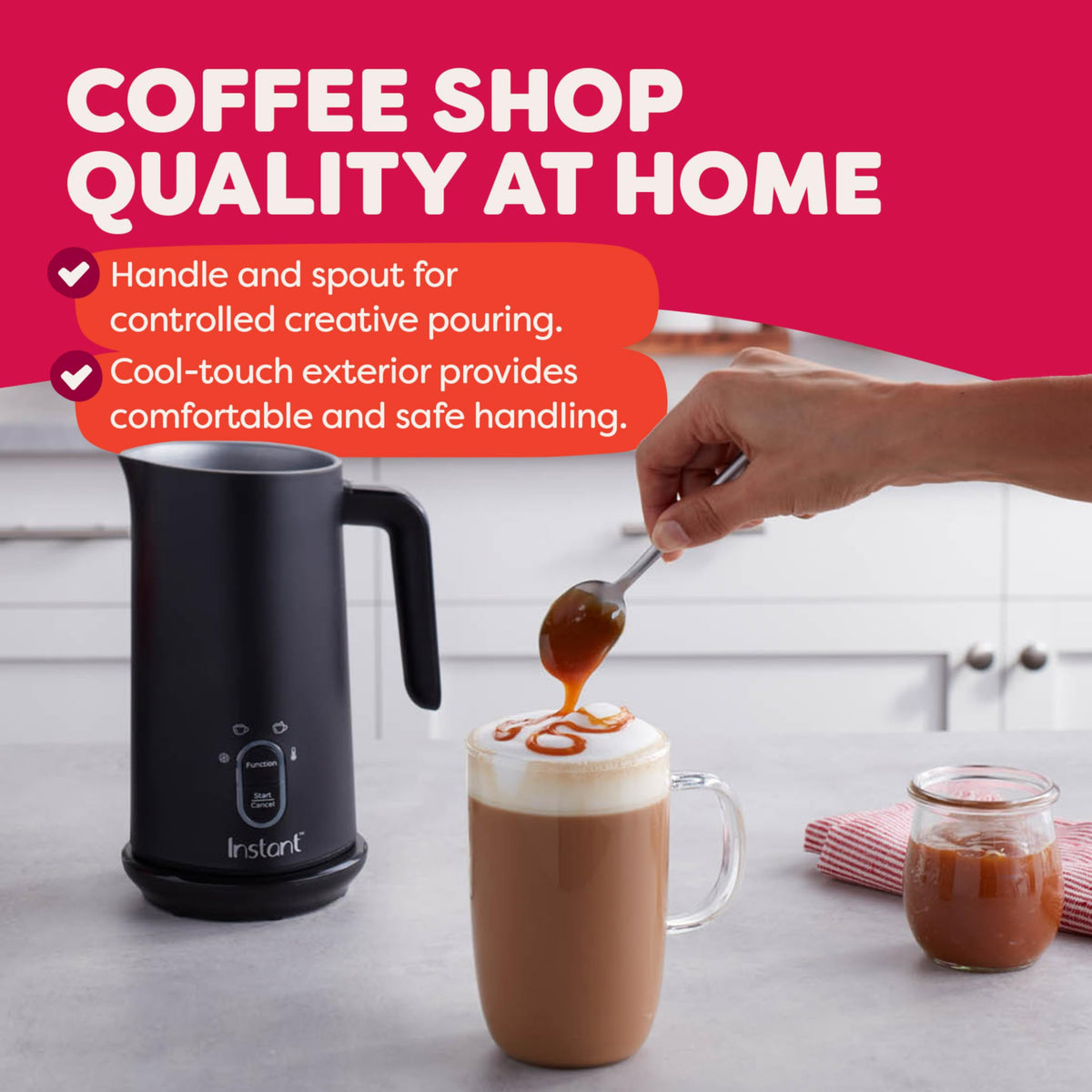 Instant Pot Milk Frother features a precise pour spout for latte pouring