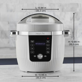 Instant Pot PRO Max inner pot highlighting stainless steel and even heating.