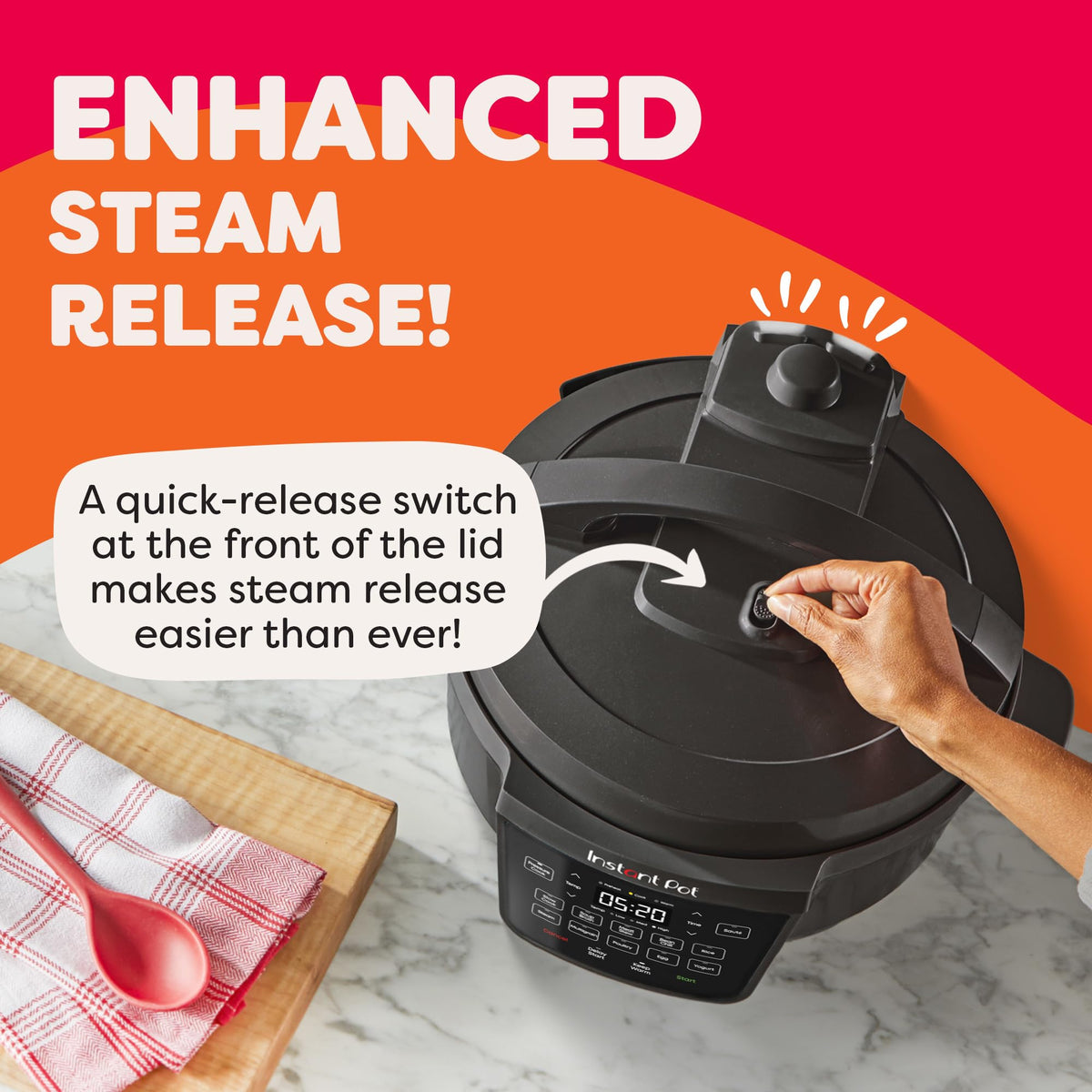 Instant Pot Rio Wide dishwasher-safe pot and lid for easy cleanup.